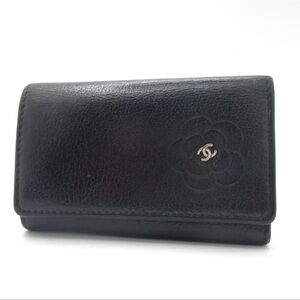 AUTH CHANEL Camellia Key Holder Case Black